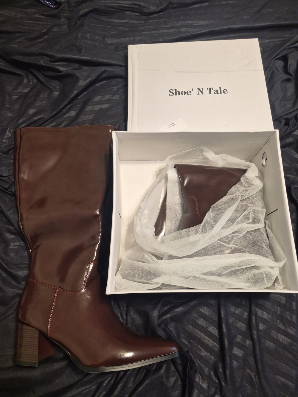 Shoe'N Tale Tall Brown Leather Block Heel Boots New